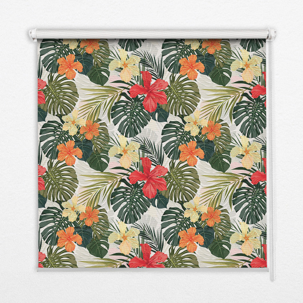 Fensterrollo innen mit tropischen Blumen und Blättern
