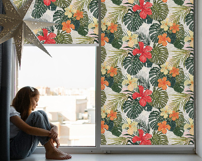 Fensterrollo innen mit tropischen Blumen und Blättern
