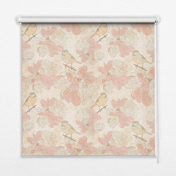 Fensterrollo mit Vögeln zwischen den Blumen