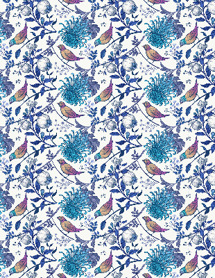 Fensterrollo in blauen Baumblüten