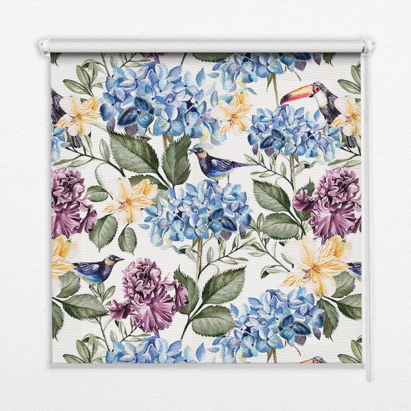 Fensterrollo mit Motiv Tukane und Blumen