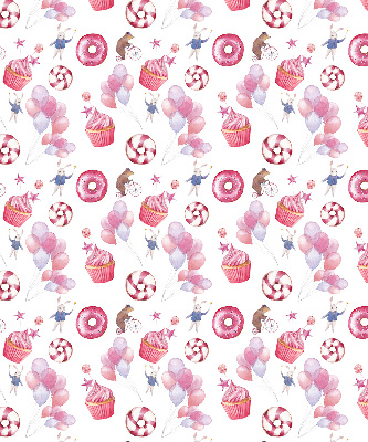 Fensterrollo mit rosa Luftballons, Donuts und Häschen
