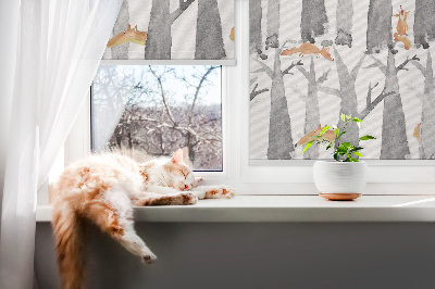 Fensterrollo innen in grauer Farbe mit Baum- und Fuchsmotiv