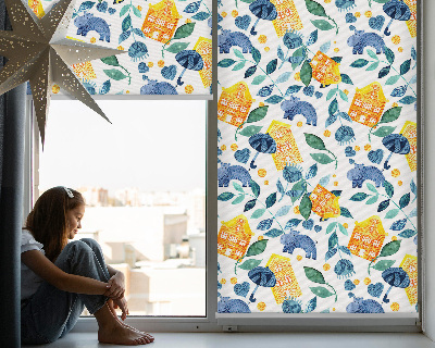 Fensterrollo innen in gelber Ausführung mit blauen Pflanzen