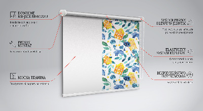 Fensterrollo innen in gelber Ausführung mit blauen Pflanzen