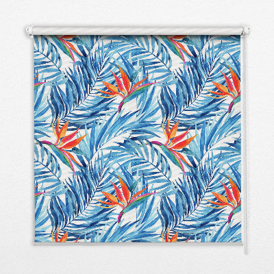 Fensterrollo innen in Blau mit Blättermuster