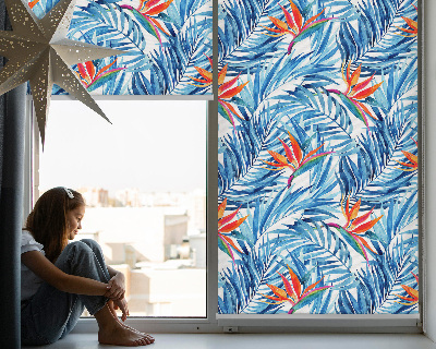 Fensterrollo innen in Blau mit Blättermuster