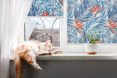 Fensterrollo innen in Blau mit Blättermuster