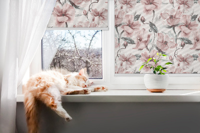 Rollo Fenster in Rosa mit Blütenmotiv