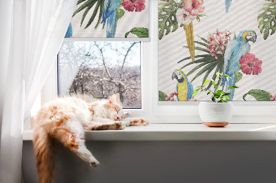 Fensterrollo innen mit Papagei auf Blumenmotiv