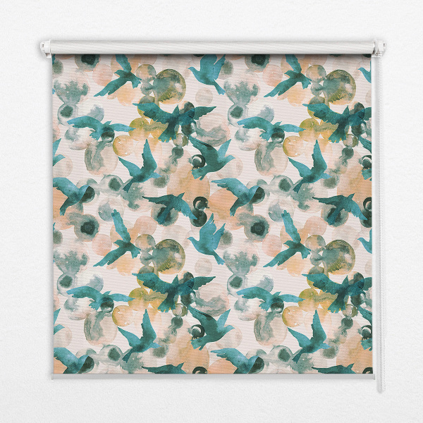 Fensterrollo mit dem Motiv Vögel und bunte Flecken