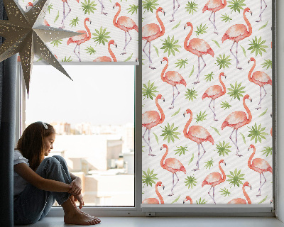 Fensterrollo innen mit Motiv Flamingo und Blätter