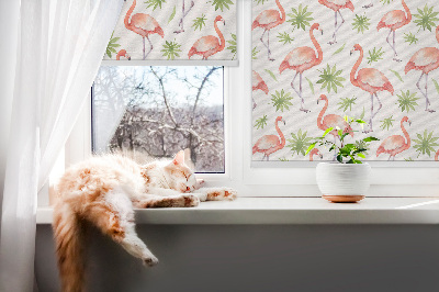 Fensterrollo innen mit Motiv Flamingo und Blätter