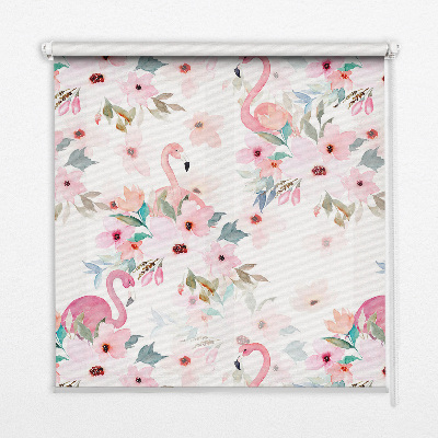 Rollo Fenster mit Flamingos zwischen den Blumen