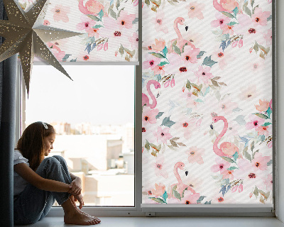Rollo Fenster mit Flamingos zwischen den Blumen