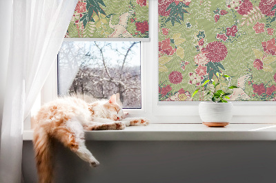 Fensterrollo mit Reiher- und Pflanzenmotiv