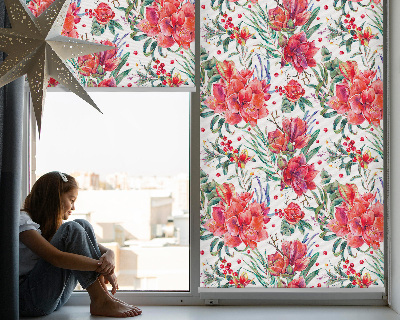 Fensterrollo in Rot mit Blütenmotiv