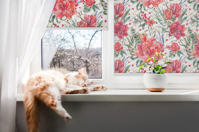 Fensterrollo in Rot mit Blütenmotiv