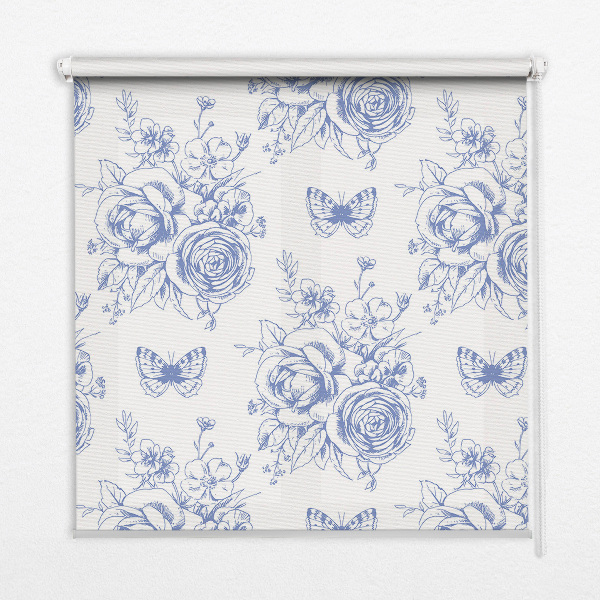 Rollo Fenster in Blau mit Blumen- und Schmetterlingsmotiv