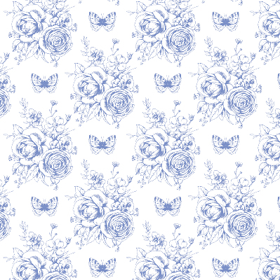 Rollo Fenster in Blau mit Blumen- und Schmetterlingsmotiv