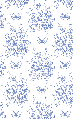 Rollo Fenster in Blau mit Blumen- und Schmetterlingsmotiv