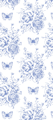 Rollo Fenster in Blau mit Blumen- und Schmetterlingsmotiv