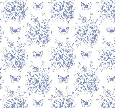 Rollo Fenster in Blau mit Blumen- und Schmetterlingsmotiv