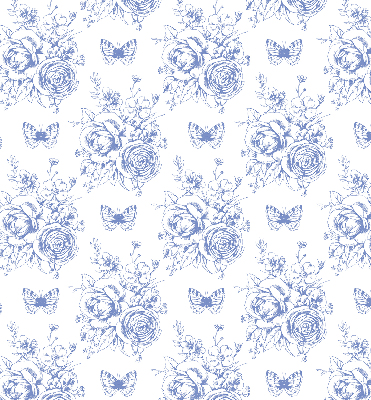 Rollo Fenster in Blau mit Blumen- und Schmetterlingsmotiv
