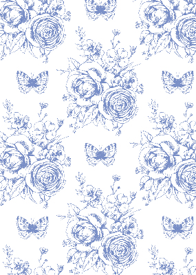 Rollo Fenster in Blau mit Blumen- und Schmetterlingsmotiv
