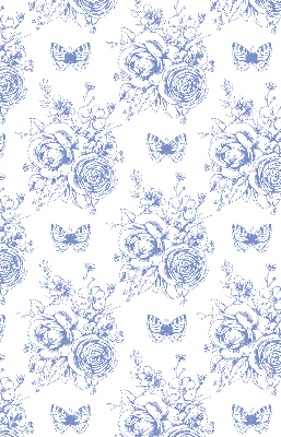 Rollo Fenster in Blau mit Blumen- und Schmetterlingsmotiv