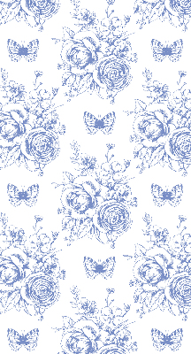 Rollo Fenster in Blau mit Blumen- und Schmetterlingsmotiv