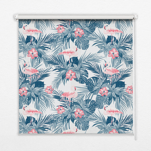 Fensterrollo innen mit tropischen Pflanzen und Flamingos