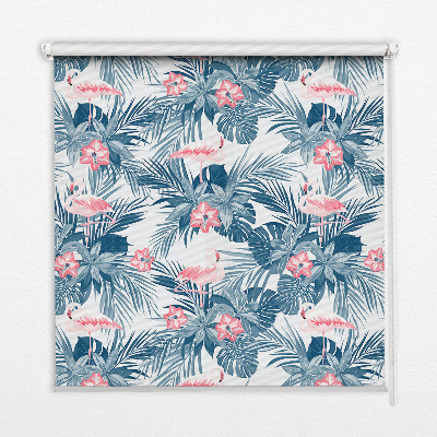 Fensterrollo innen mit tropischen Pflanzen und Flamingos