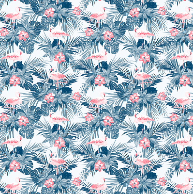Fensterrollo innen mit tropischen Pflanzen und Flamingos