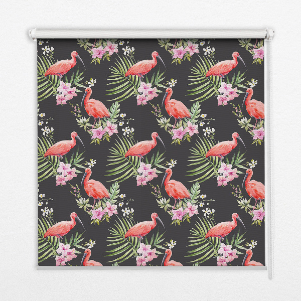 Fensterrollo innen mit Flamingos auf Pflanzen