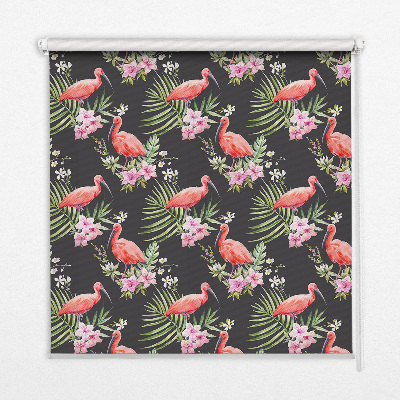 Fensterrollo innen mit Flamingos auf Pflanzen