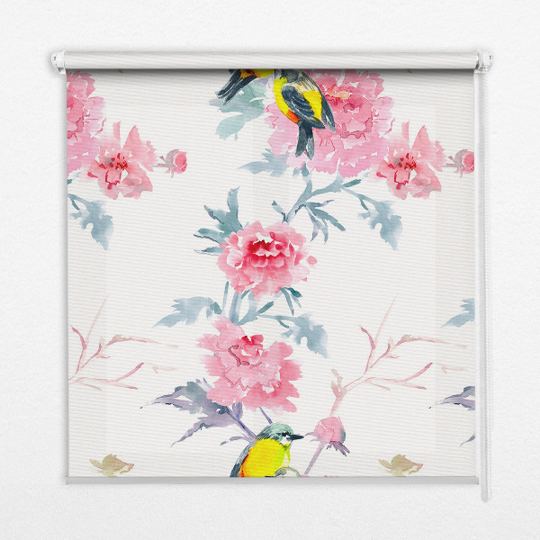 Fensterrollo mit dem Motiv Vögel auf Blumen