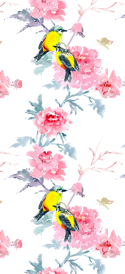 Fensterrollo mit dem Motiv Vögel auf Blumen