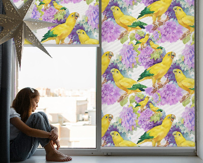 Fensterrollo innen in Gelb mit Papageienmotiv