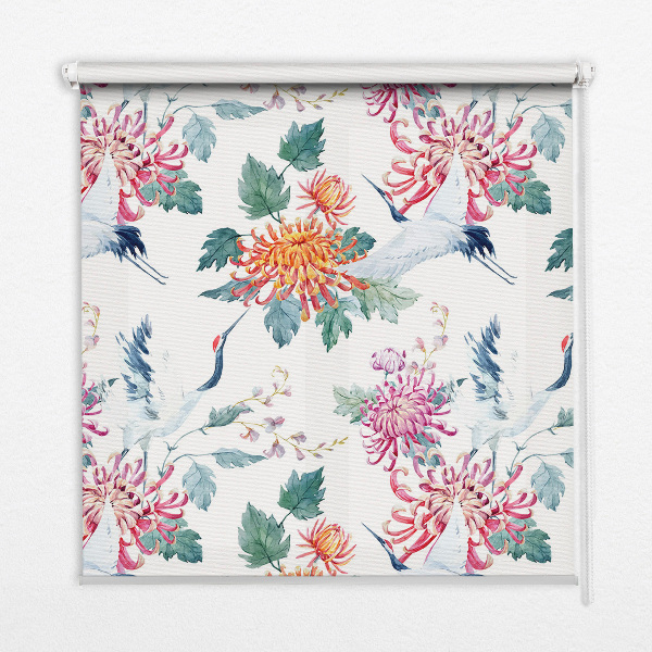 Fensterrollo innen mit Reiher- und Blumenmotiv