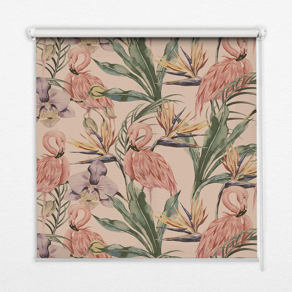 Fensterrollo mit Flamingos und Blumen