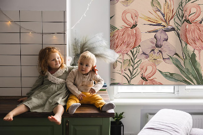 Fensterrollo mit Flamingos und Blumen