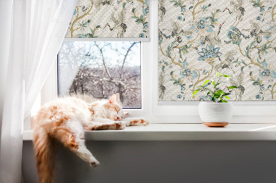 Rollo Fenster mit Blumen- und Vogelmotiv