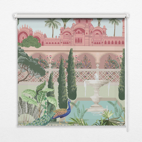 Rollo Fenster mit Schloss und Gartenmotiv