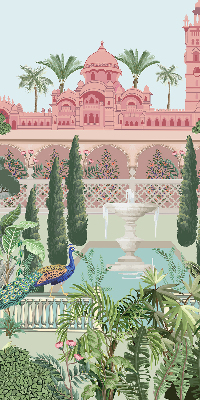 Rollo Fenster mit Schloss und Gartenmotiv
