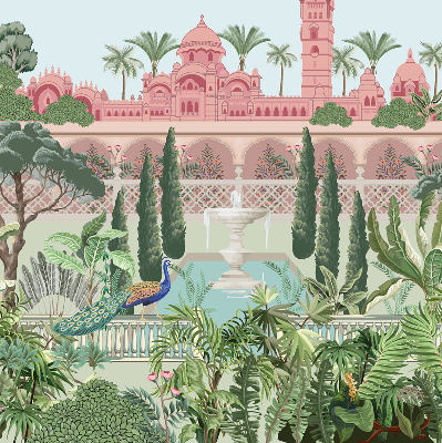 Rollo Fenster mit Schloss und Gartenmotiv