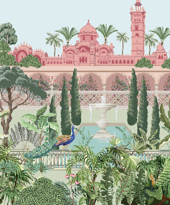 Rollo Fenster mit Schloss und Gartenmotiv