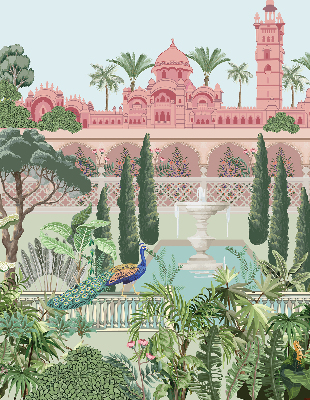 Rollo Fenster mit Schloss und Gartenmotiv