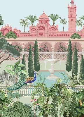 Rollo Fenster mit Schloss und Gartenmotiv