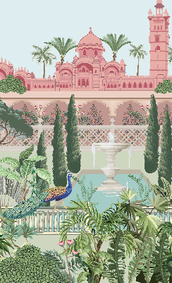 Rollo Fenster mit Schloss und Gartenmotiv